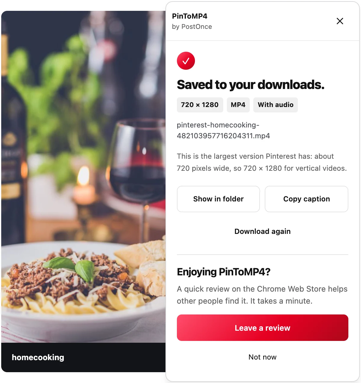The PinToMP4 panel beside a Pinterest post, showing a saved file and its resolution